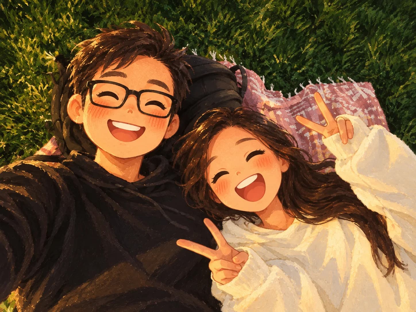 An illustrated couple laughing together on a picnic blanket in Chicago at night