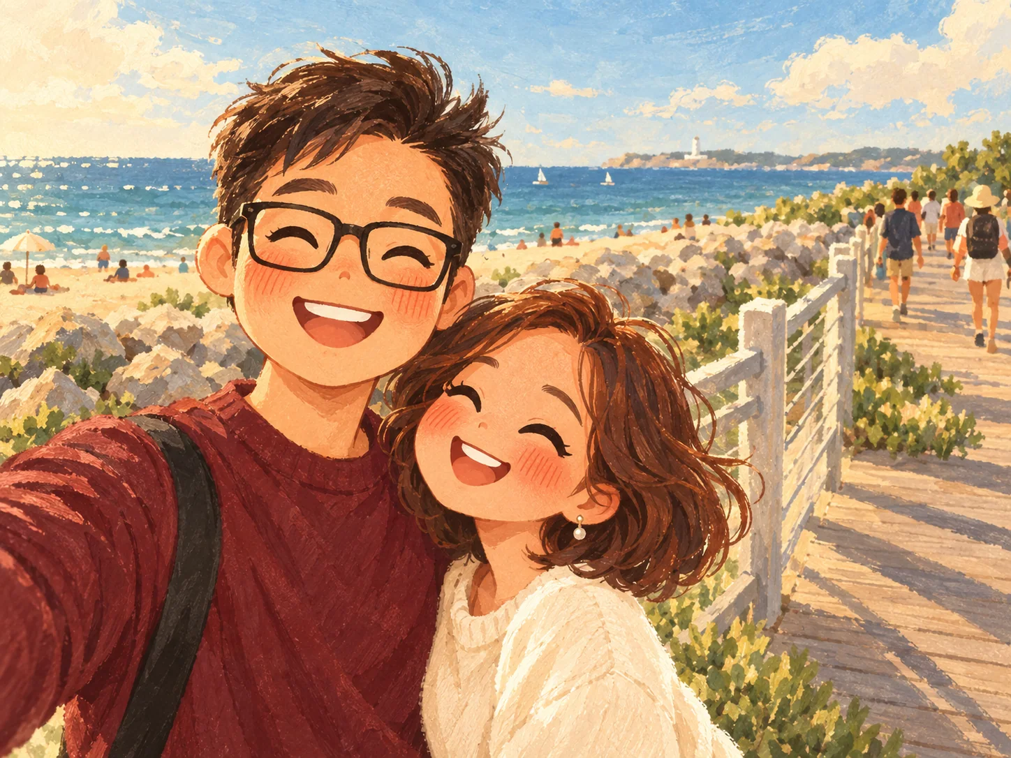 An illustrated couple smiling on a sunny seaside boardwalk